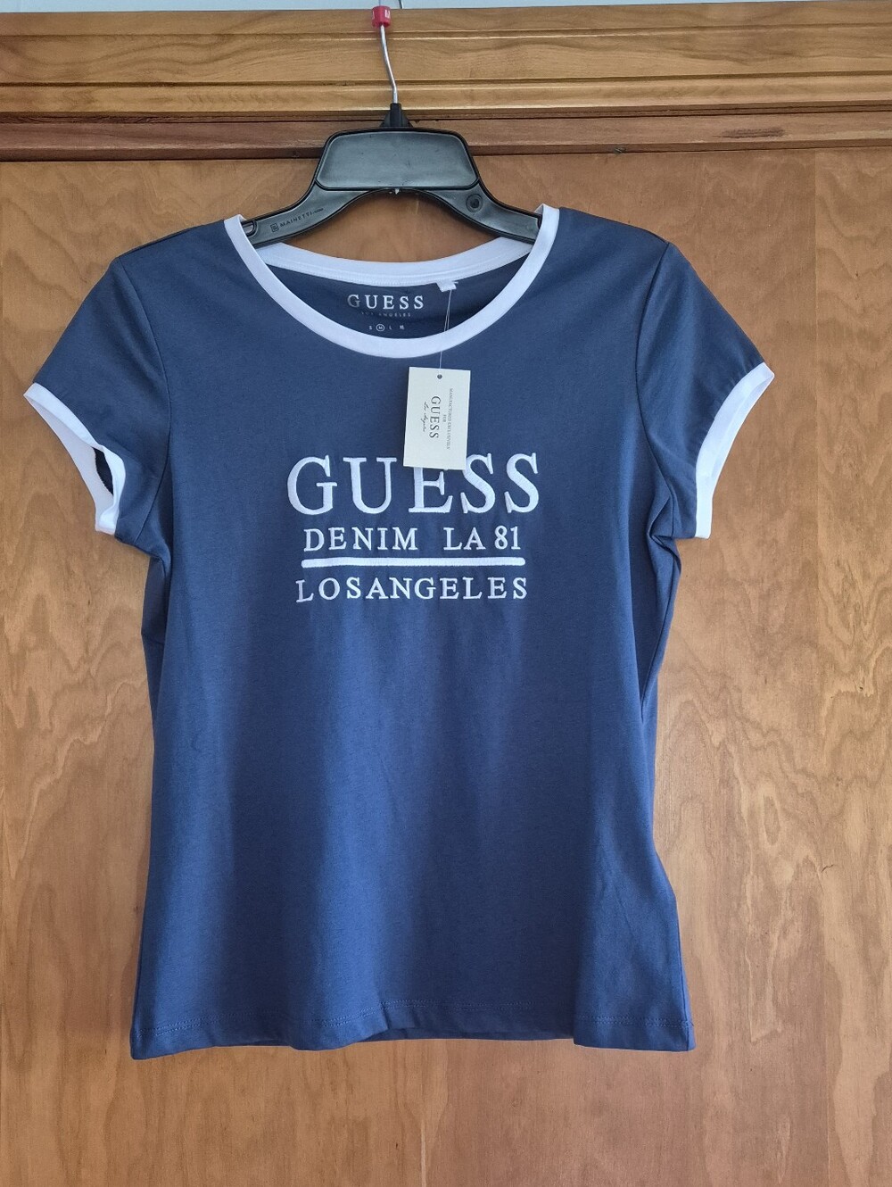 Guess 100% Cotton Blue and White Logo Ringer Tee - Women's, size M